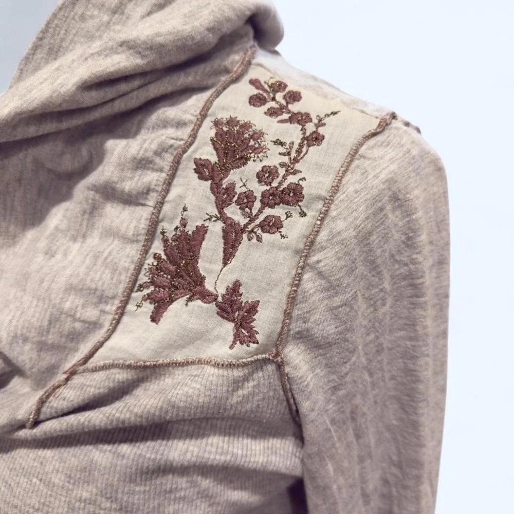 TINY: Anthropologie embroidered thermal with slouchy cowl neck and‎ exposed seam